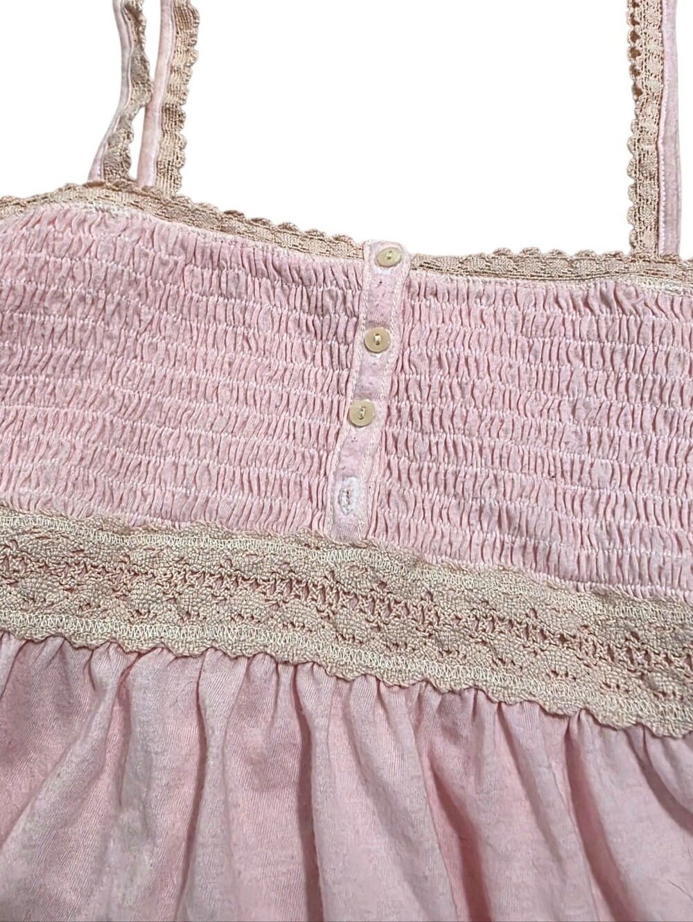 Hollister lace trim ruched babydoll light pink vintage top with back tie - Picture 2 of 5